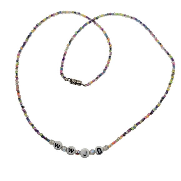 Plastic Multi Color Beaded "What Would Jesus Do" Abbreviated Letter Necklace - Picture 1 of 5